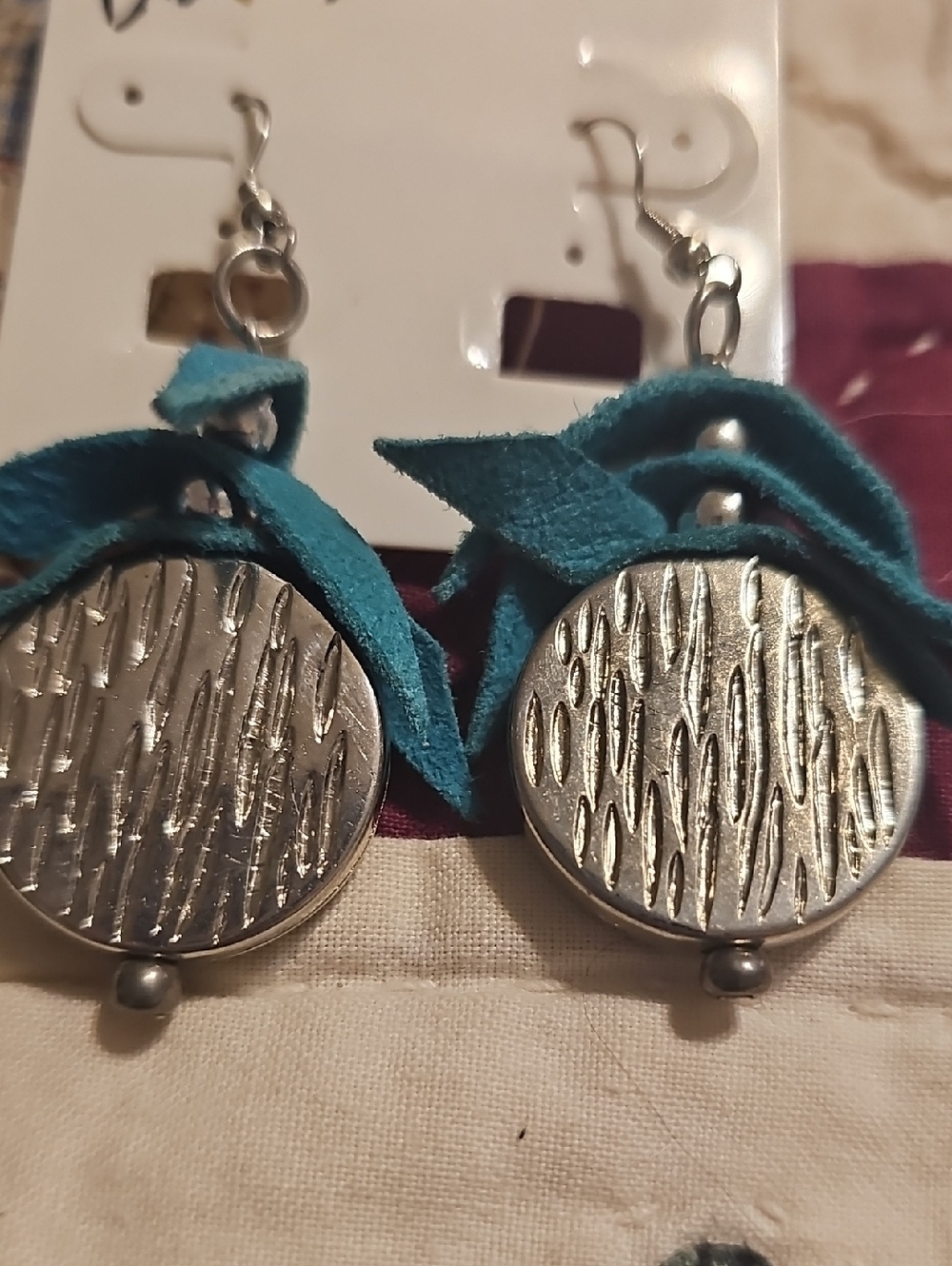 Teal Suede & Silver Textured Disc Drop Earrings - Women